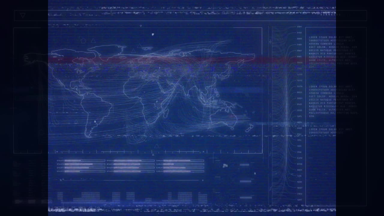 Animation of interference over world map and data processing on blue background