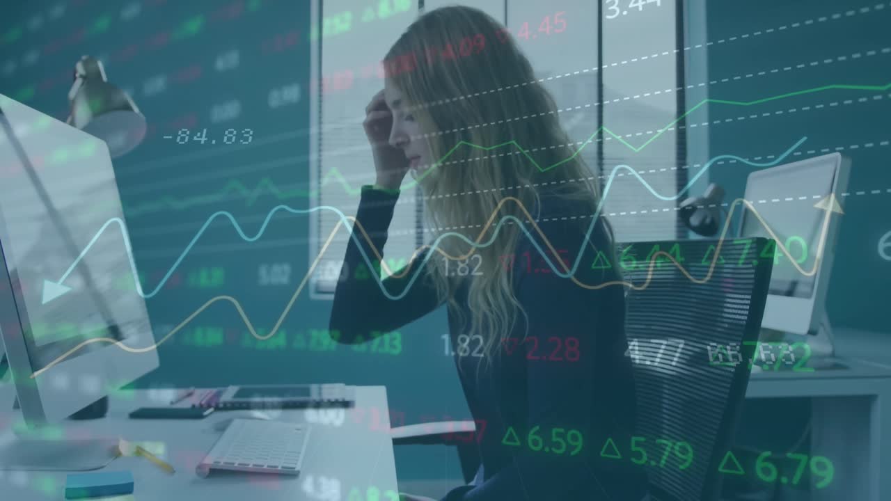 Animation av börsdatahantering mot en stressad kaukasisk kvinna som använder en dator på kontoret.