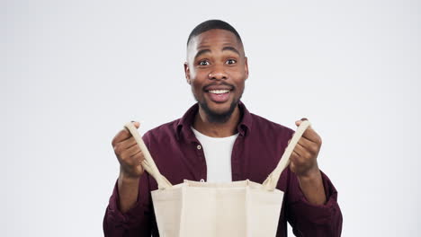 Einkaufstasche,-Überraschung-Und-Gesicht-Eines-Schwarzen-Mannes