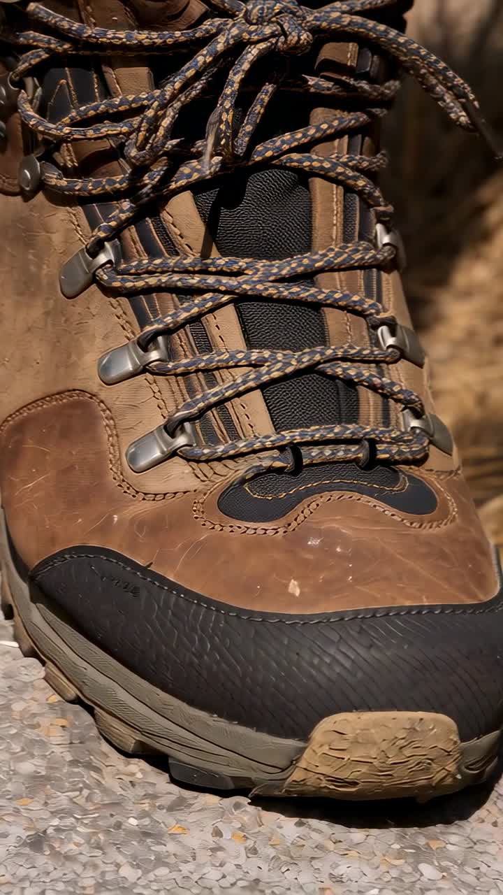 Vertikales Video: Fuß senkt Stiefel, drückt auf Schotterweg, geflochtene Schnürsenkel, Gummizehenkappe.