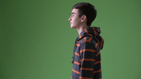 young handsome iranian teenage boy against green background