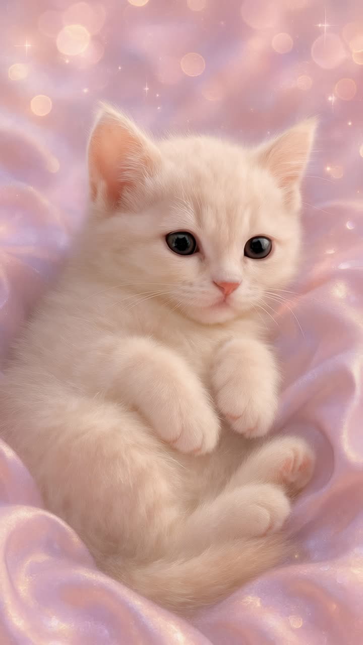 A close-up shot of a fluffy kitten on a shimmering pink blanket, evoking a dreamy, soft-focus video