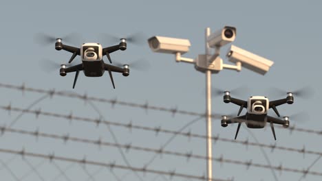 security drones on the private area behind fence with barbed wire. modern surveillance technology used for security in military, prison area. aerial unmanned defense system.