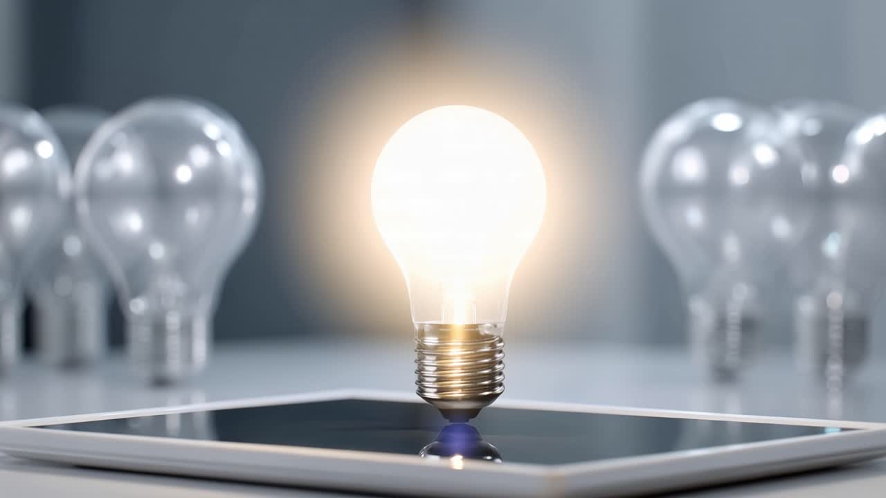Bright bulb glows atop tablet, surrounded by unlit bulbs. Tablet rests on clean, minimalist surface. Background softly blurred, emphasizing central bulb. Symbolizes innovation, ideas