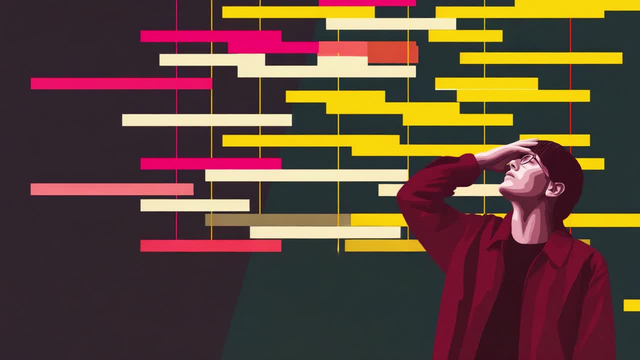 A contemplative individual gazes upward, surrounded by dynamic geometric shapes, reflecting emotions of introspection and creativity amidst an abstract backdrop of vibrant colors