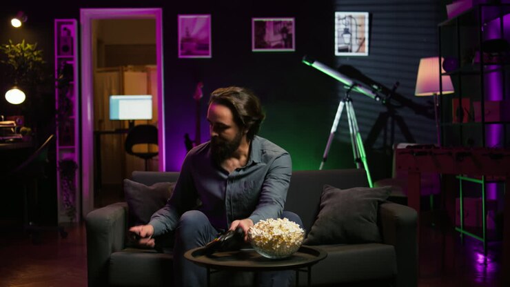 Gamer på sofaen i lejlighed spiller computerspil med controller
