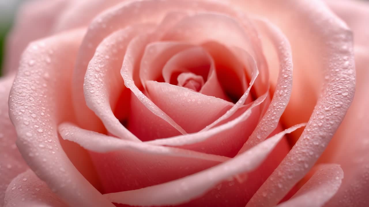 Weergave wordt gestart, camera zoomt uit en toont een enkele roze roos in een macrostudio met dauwdruppels