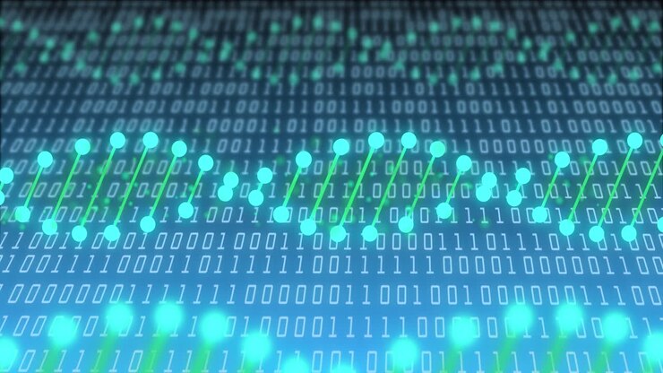 Animation von Datenverarbeitung mit DNA-Strängen auf blauem Hintergrund.