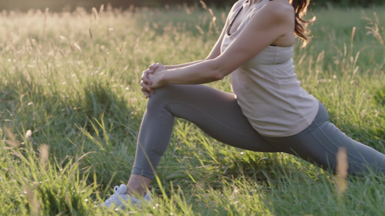 From bent front leg, woman sinking into forward lunge in sunlit meadow, tank top, copy space