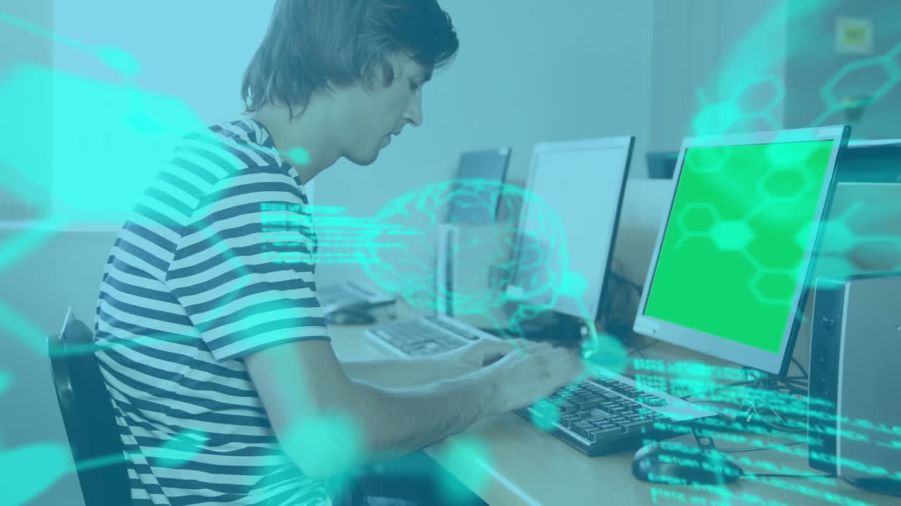 animación del cerebro y el procesamiento de datos médicos, sobre el hombre usando computadora