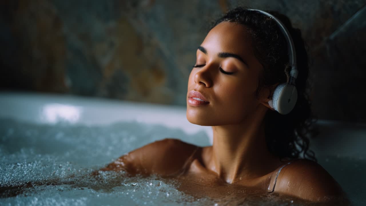 Relaxing Moments: A Young Woman Enjoying a Soothing Bath with Headphones, Immersed in Bubbles, Creating a Tranquil and Peaceful Atmosphere for Stress Relief