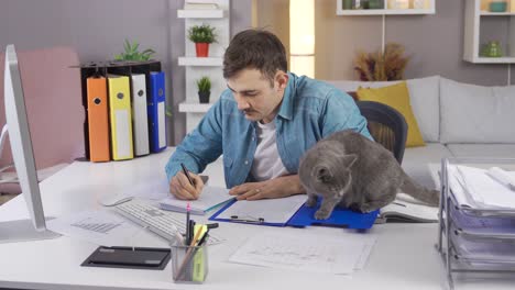 the man works from home and his cat is with him.