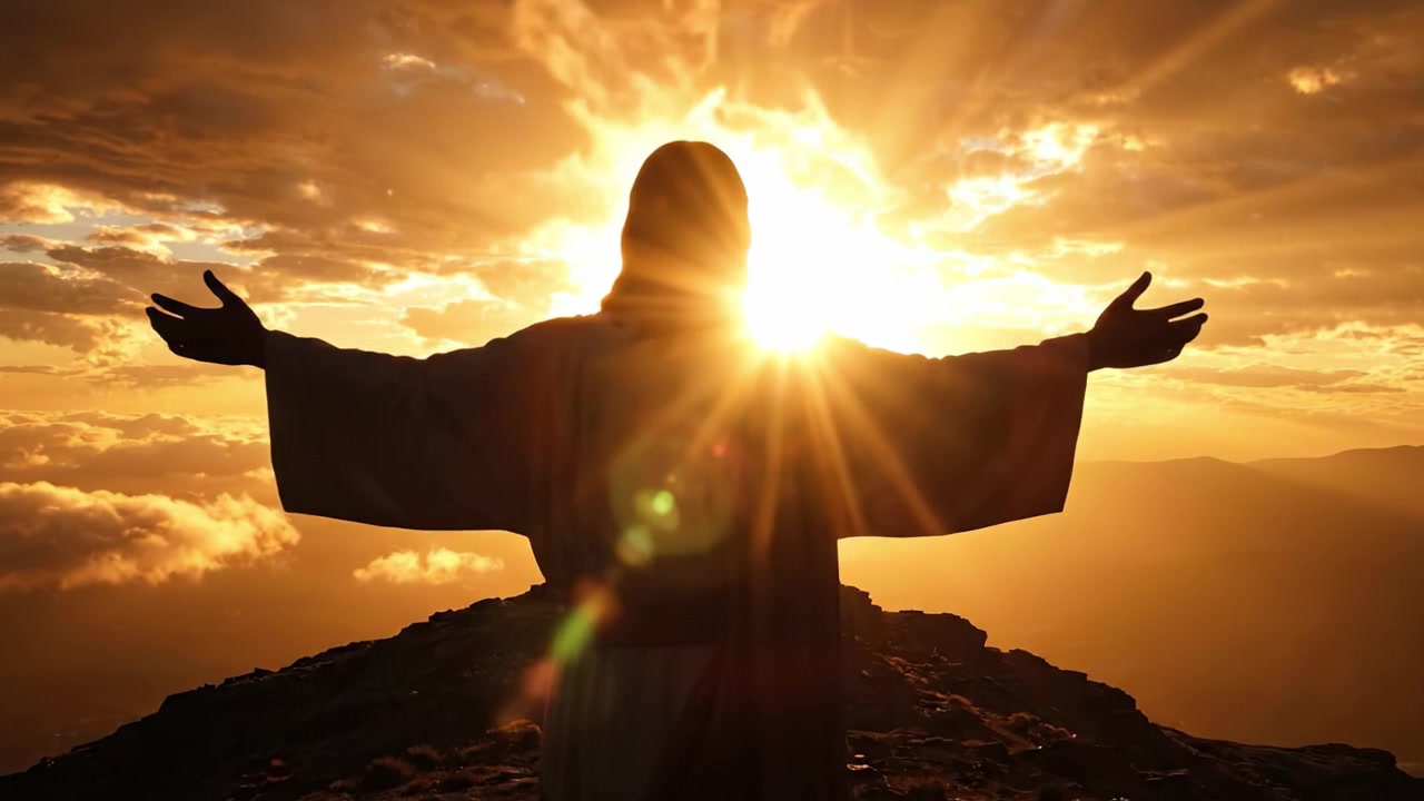 Una silhouette maestosa contro un tramonto radioso: Un momento spirituale catturato mentre una figura di speranza e pace abbraccia la bellezza cosmica della natura e del divino