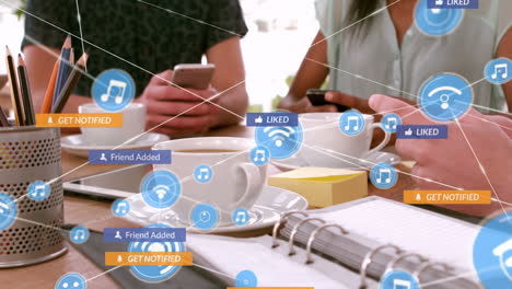 animation of social media icons and network of connections over diverse people using smartphone