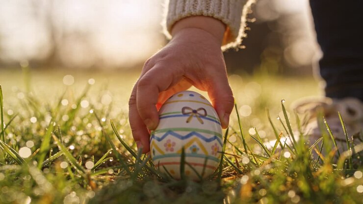 Reaching child picking up pastel egg from grass, wearing knit sweater sleeve to inspect pattern