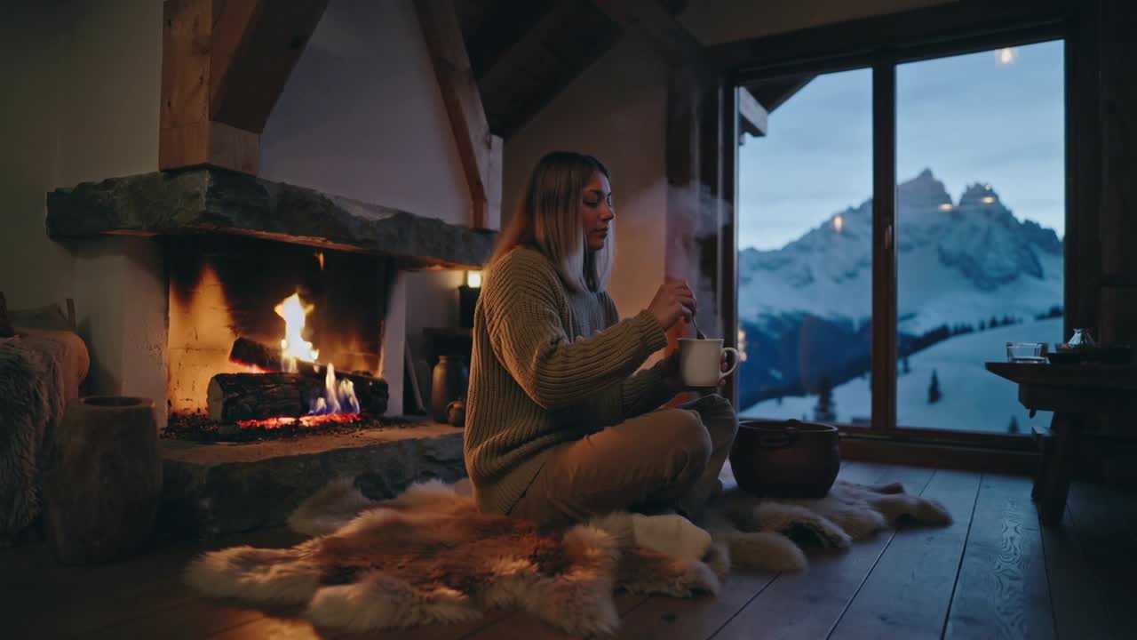 Kvinne i genser i hytte rører i en kopp, holder et krus for å varme seg, puster ut damp, ser mot fjellet, ved en peis.