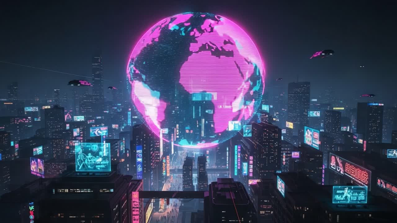 A Stunning Futuristic Cityscape Featuring a Vibrant Neon Globe Above, Showcasing a Dazzling Blend of Digital Technology and Urban Architecture in a Nighttime Setting