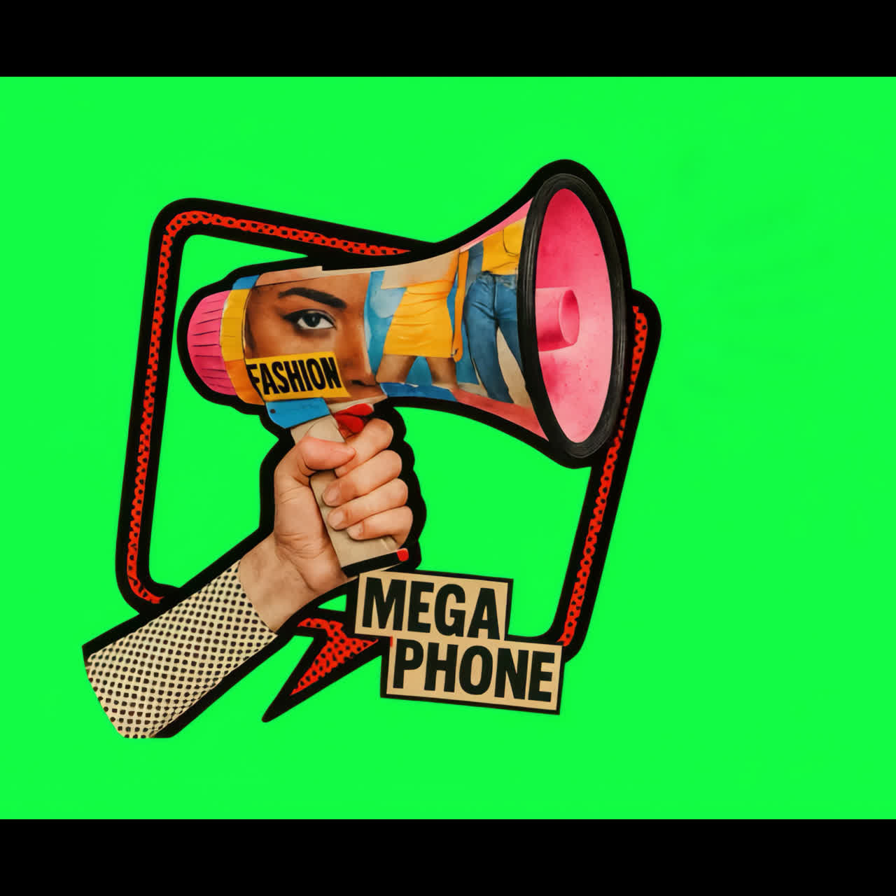 Contenuto visivo animato e vivace di collage con megafono alla moda isolato, video 4K trasparente, canale alfa