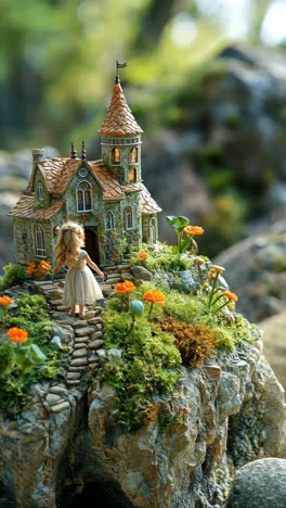 miniature fairy tale scene with a detailed cottage and flowers