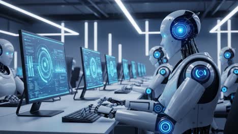 futuristic robot workstation: a series of advanced robots engaged in complex computations at sleek digital desks with high-tech displays and modern lighting