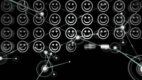 animación digital de filas de emojis de caras sonrientes contra una red de conexiones en fondo negro