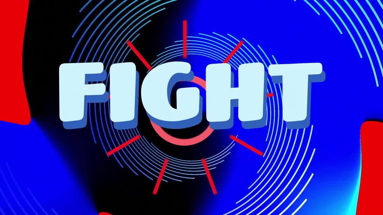 Animazione del testo "FIGHT" su sfondo blu e nero con motivi circolari
