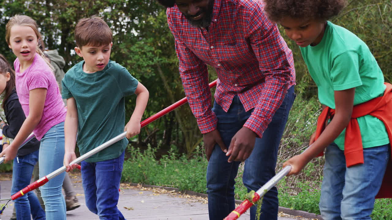los líderes de equipos adultos muestran a un grupo de niños en el campamento de actividades al aire libre cómo atrapar y estudiar la vida del estanque.
