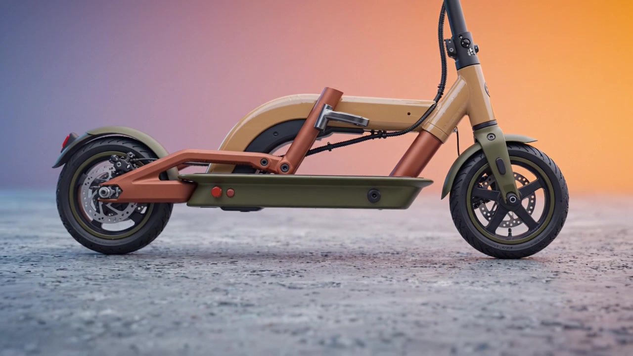 En stilren elsparkcykel på en texturerad yta mot en gradientbakgrund som framhäver dess moderna design och funktionella egenskaper i närbild.