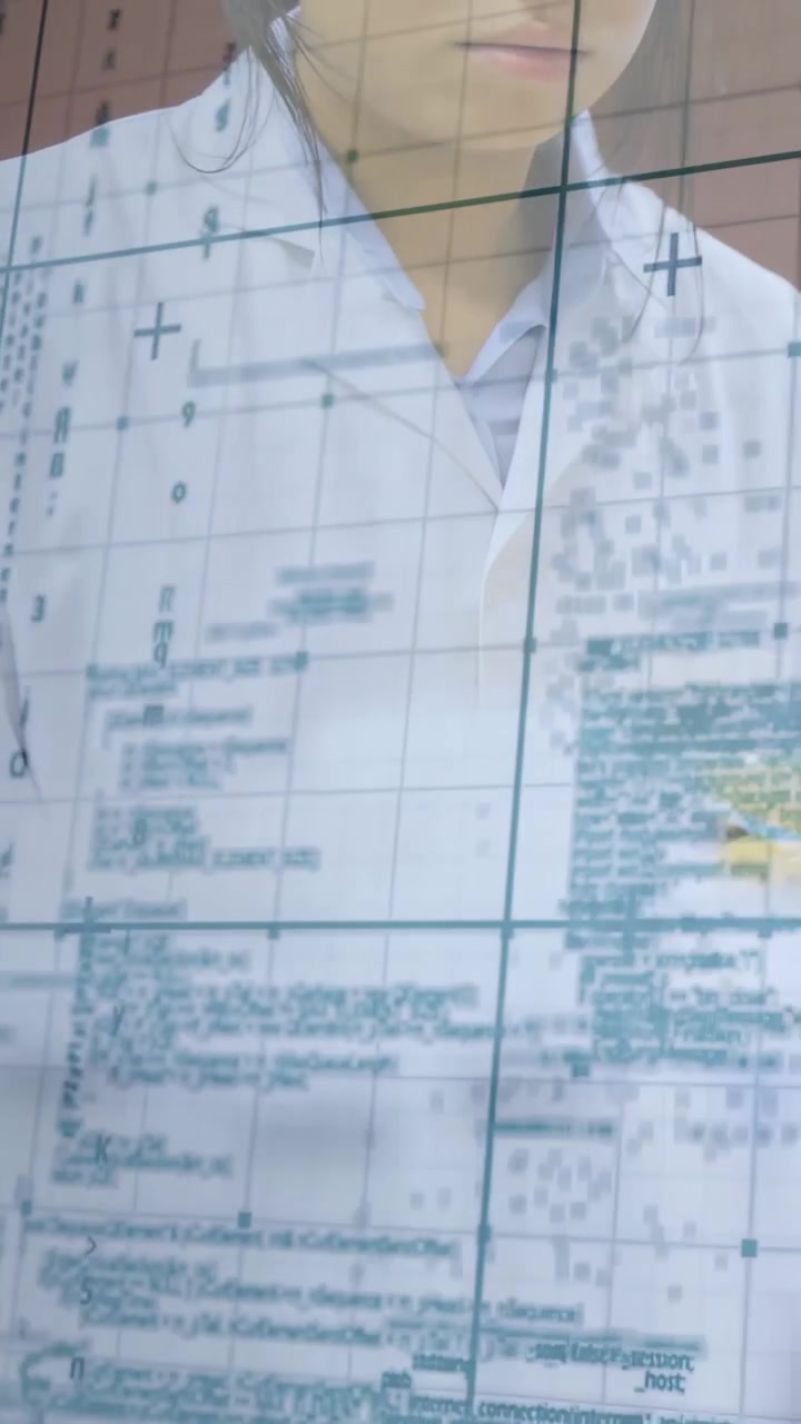 Vertical video: Grid sliding revealing lab tech showing dish for research with crosshair code