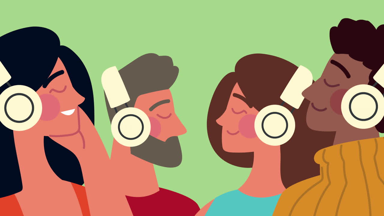 이어폰을 사용하는 젊은이들의 그룹 캐릭터