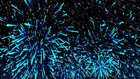 Animation-of-white-particles-falling-over-fireworks-exploding-against-black-background