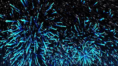 Animation of white particles falling over fireworks exploding against black background