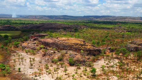 aerial of massive rock formations of ubirr at kakadu national park, northern territory, australia