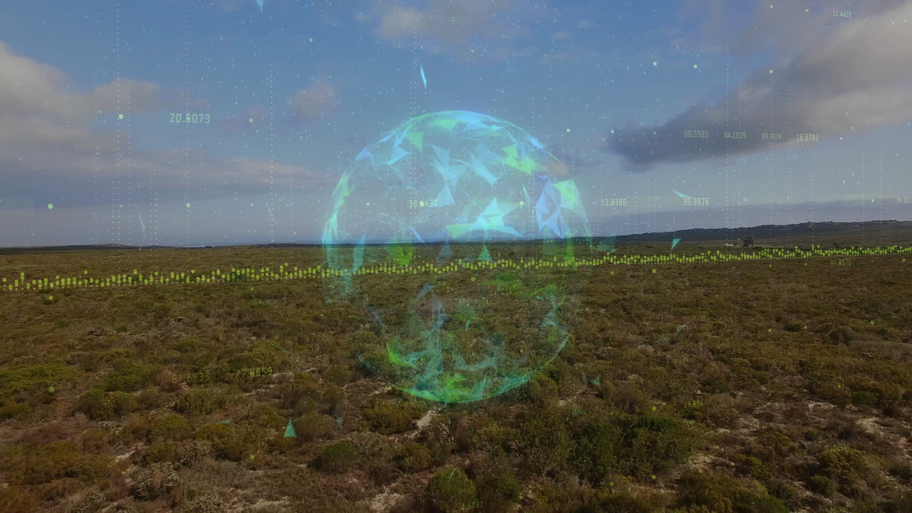 Displaying holographic data sphere hovering above scrubland, showing numeric values and data points