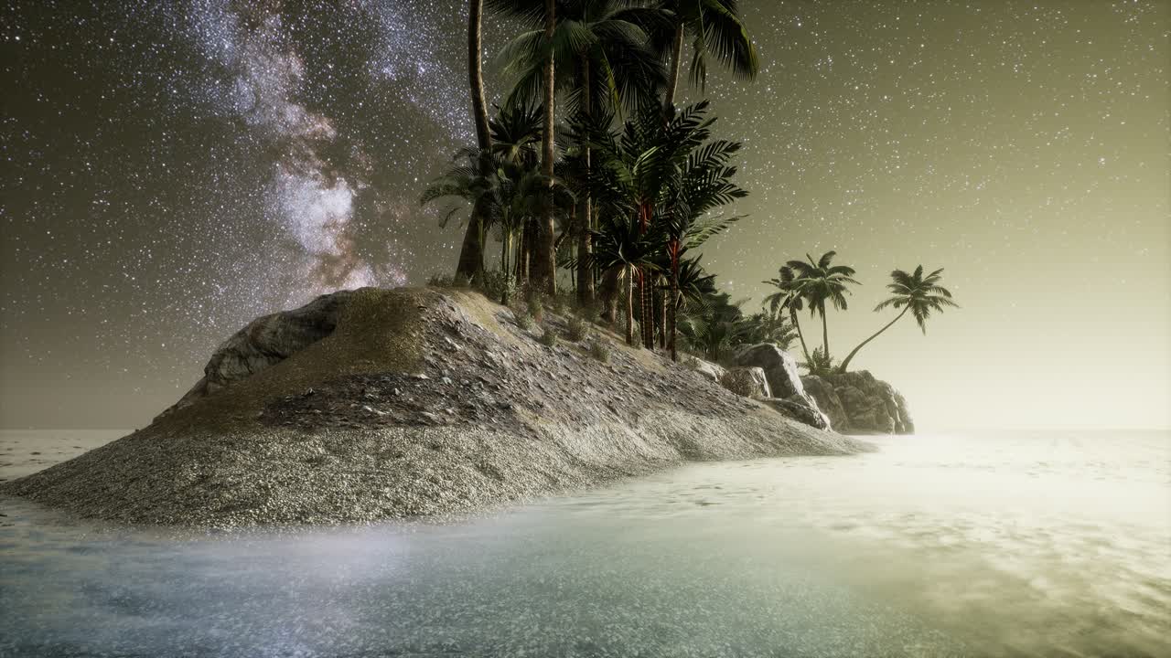 Bela praia tropical de fantasia com estrela da Via Láctea no céu noturno