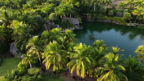 Vista-Aérea-De-Un-Tiki-Al-Lado-De-Un-Lago-En-Una-Tarde-Soleada-Y-Hermosa-En-El-Sur-De-Florida