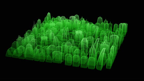 futuristic digitally generated 3d holographic city in 360 degree rotation with hi-light scanning simulation for head up display and user interface design