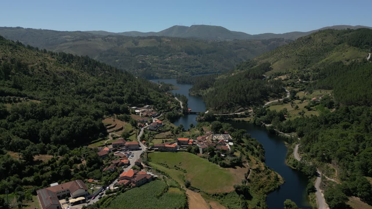 Aerial view of Cabril village, nestled by rivers and surrounded by rolling hills