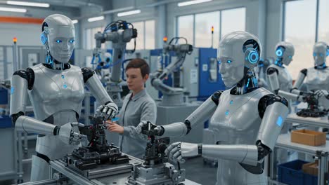 a robotics workshop featuring human and humanoid robots collaboratively assembling mechanisms in a high-tech manufacturing environment