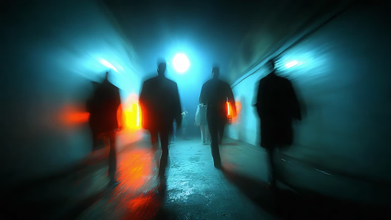 Mysterious Figures Emerging in a Foggy Corridor, Shrouded in Darkness and Enigmatic Lights, Creating an Atmosphere of Intrigue and Anticipation