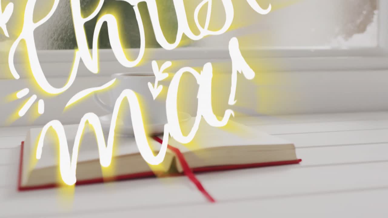 Animation of christmas greetings text and book