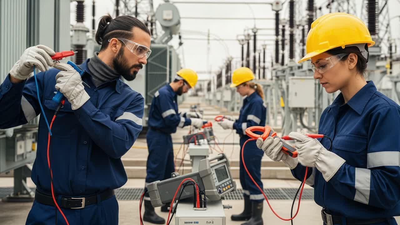 Team of Skilled Electricians Conducting Technical Assessments and Safety Checks on Electrical Equipment in a Power Station Environment with a Focus on Professionalism