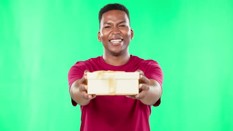 Smile,-black-man-face-and-gift-box-giving-in-green