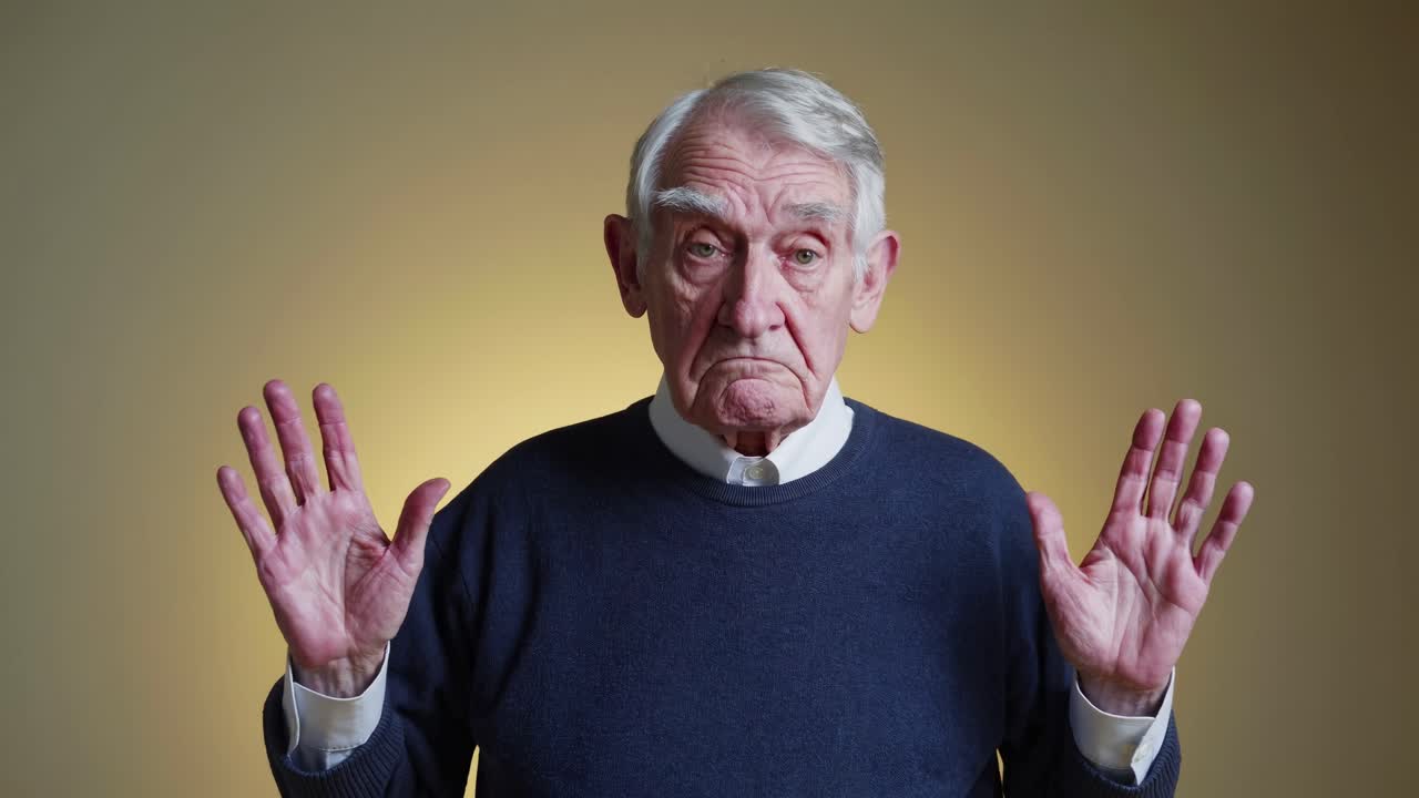 A video still of an elderly man with a puzzled expression, shot from a frontal angle
