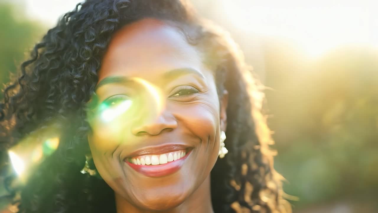mujer sonriente con el cabello rizado