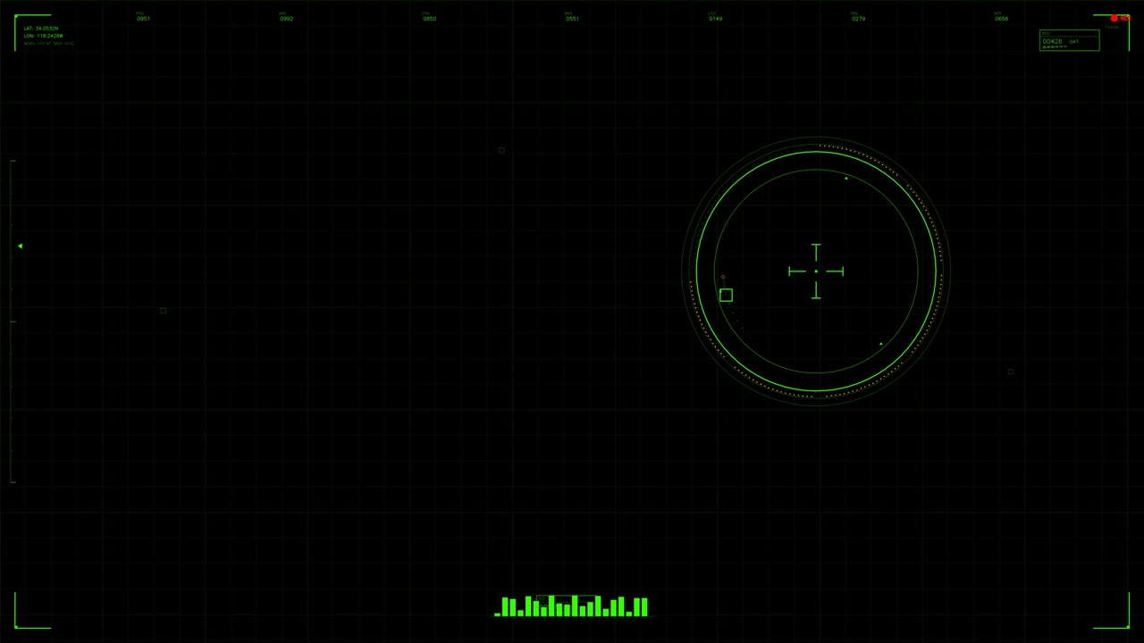 A detailed digital interface displays tactical information and coordinates on a black background. This hud animation highlights military themes for video projects related to war and science fiction