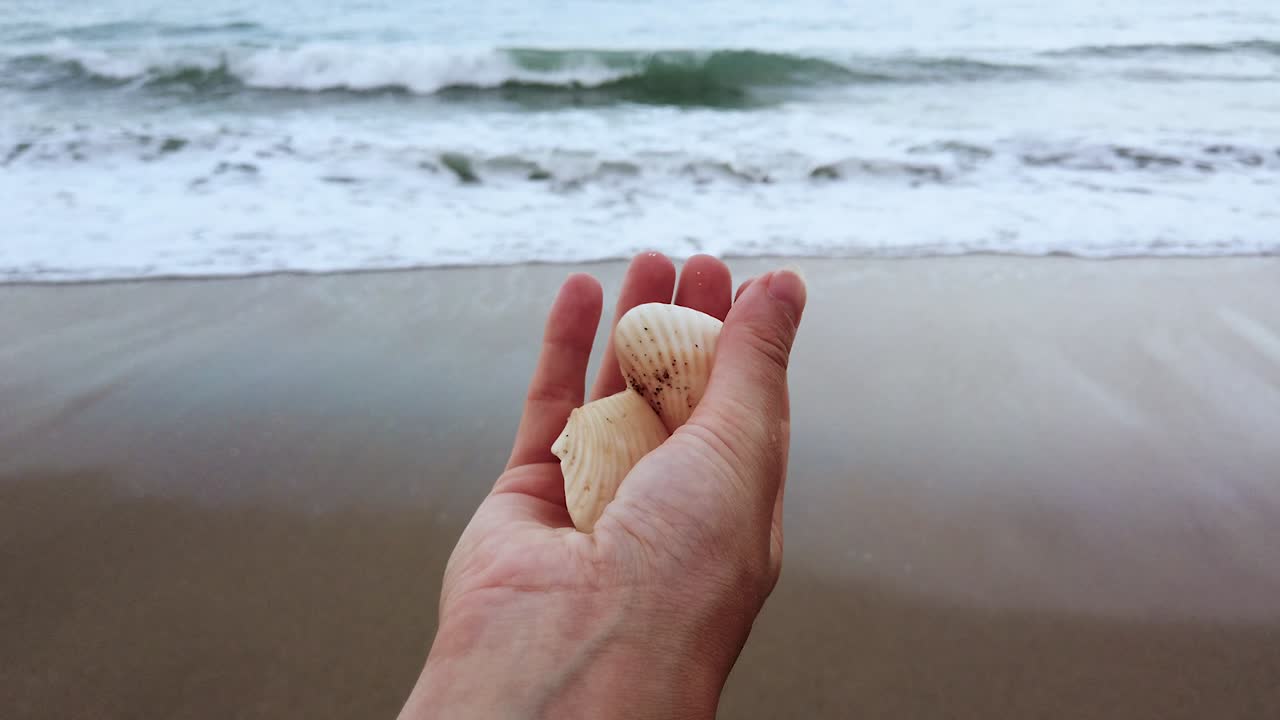 Static Close up Shot of One Women hand playing With Sea Shell With sand and Sea in The Back in Palomino Colombia