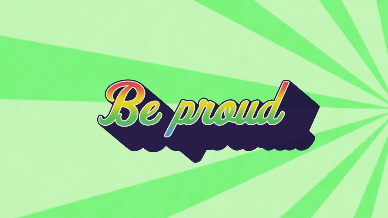 Animation of rainbow be proud text over green pattern background