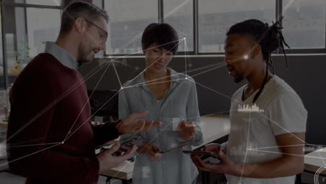 animation of network of connections over diverse office colleagues discussing at office