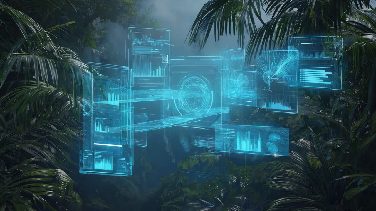 Futuristic Holographic Data Interface in a Jungle Environment